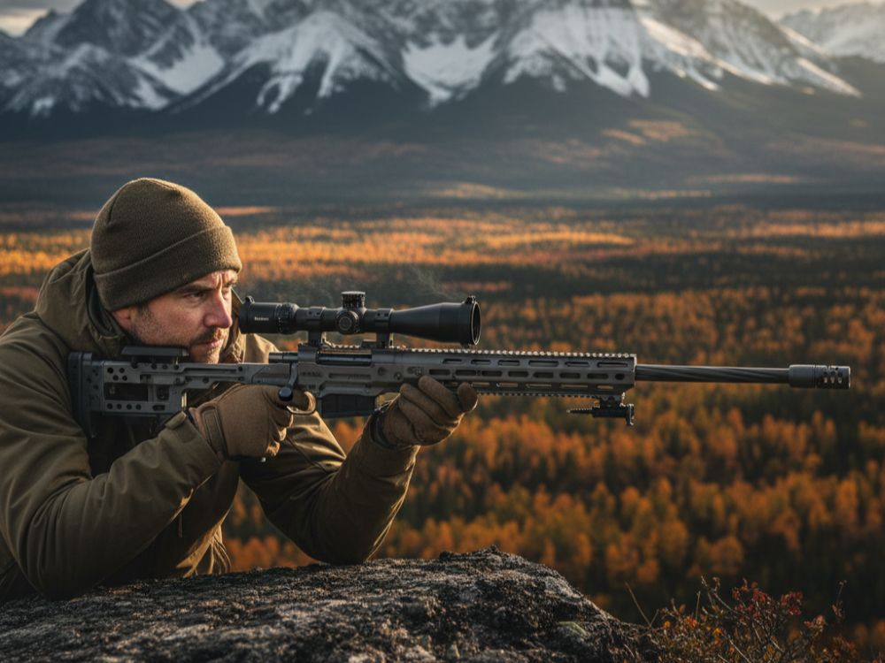 Reliable performance for tactical and backcountry shooting A Canadian precision marksman aiming a rifle built with an Ultimatum Precision action in a rugged environment.