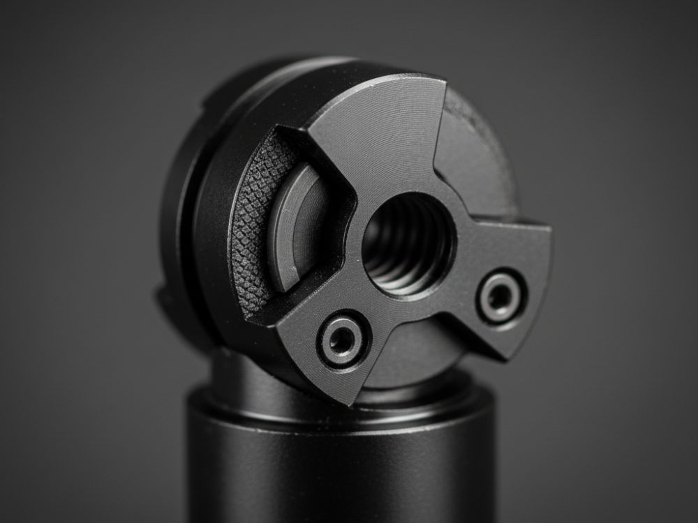 Innovative 3-lug floating bolt head for multi-caliber versatility Detailed close-up of the Ultimatum Precision Deadline's 3-lug interchangeable floating bolt head.