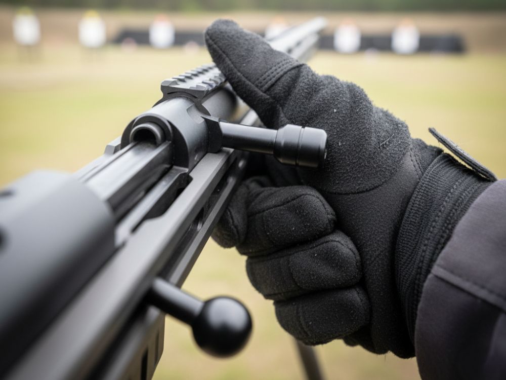 Ergonomic slim bolt knob for smooth and fast rifle cycling Shooter's hand cycling the slim bolt knob on an Ultimatum Precision rifle, demonstrating its ergonomics.